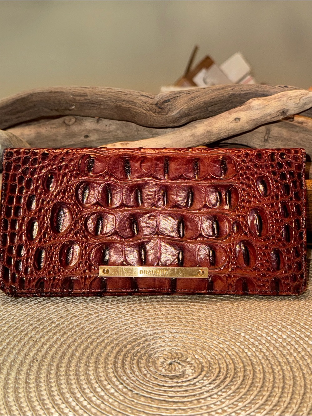 Brahmin Burgundy Croc-Embossed Leather Clutch with Gold Plate - Picture 2 of 12
